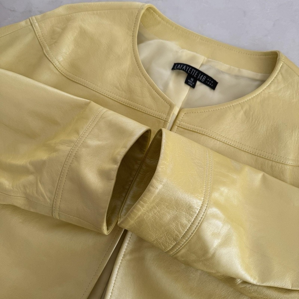 Lafayette 148 Women's Leather Jacket Cropped Drop Shoulder Yellow Spring Sz 14